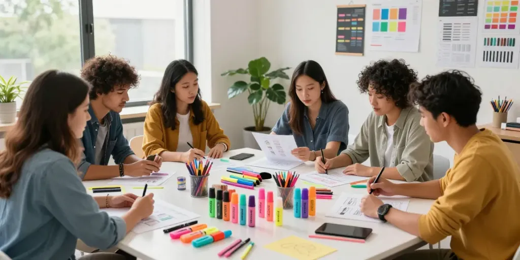 Highlighter manufacturer team collaboration on colorful designs with vibrant supplies