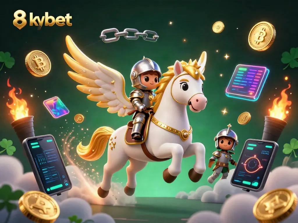 Experience thrilling wins at 8xbet with a celestial horse and knight in a vibrant casino scene