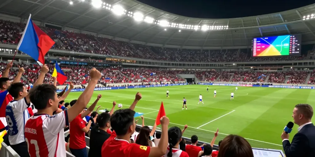 Excited fans celebrating during a live football match, showcasing vibrant atmosphere and real-time scores.