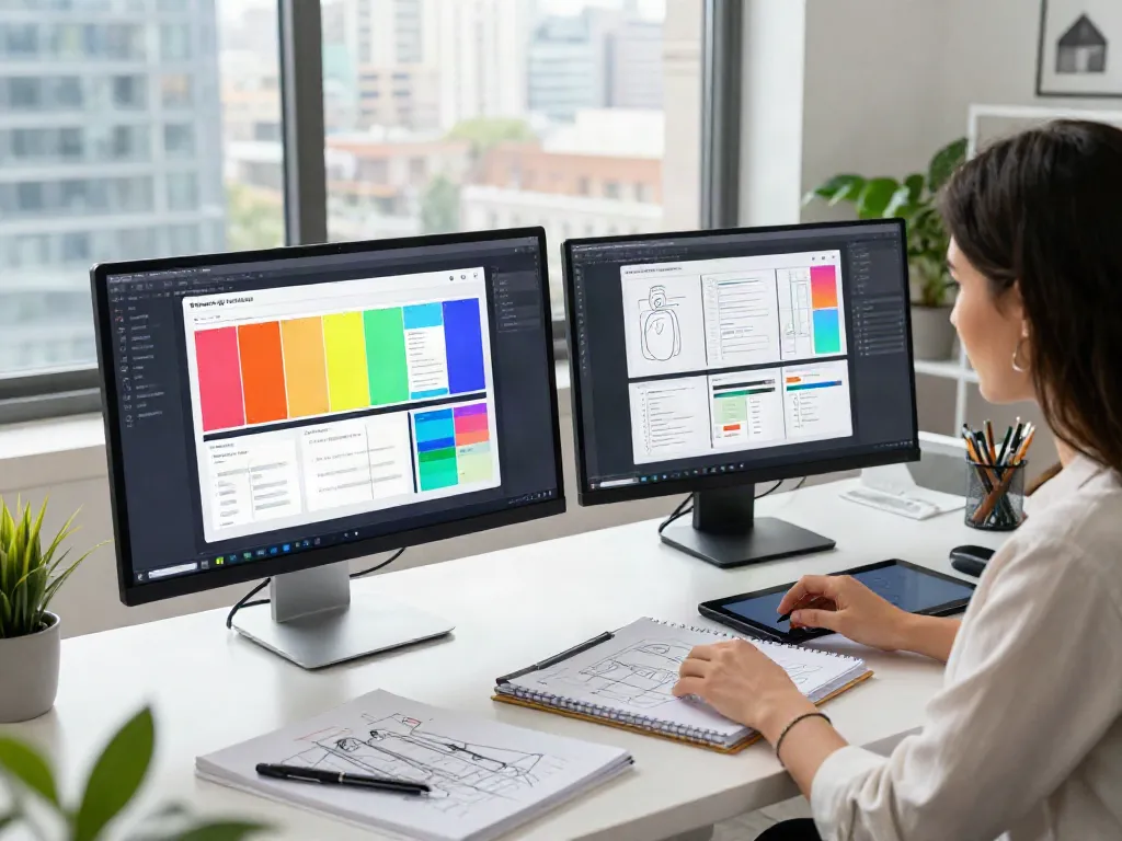 Female designer working on 링크모음 user interface mockups in a modern office.