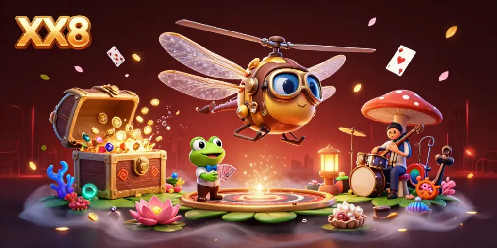 Experience the excitement of gambling at XX8 with a vibrant lily pad casino scene featuring animated characters.