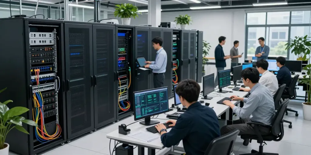 Engineers collaborating in a vibrant AI data center filled with GPU racks and real-time processing screens.
