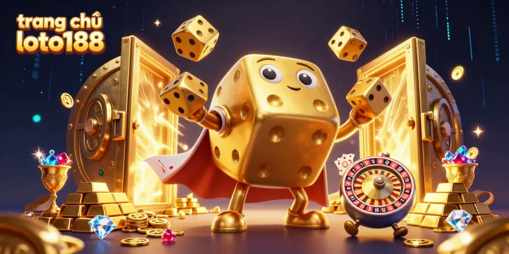 Engage with the vibrant world of trang chủ loto188 featuring golden dice juggling in a dynamic casino scene.