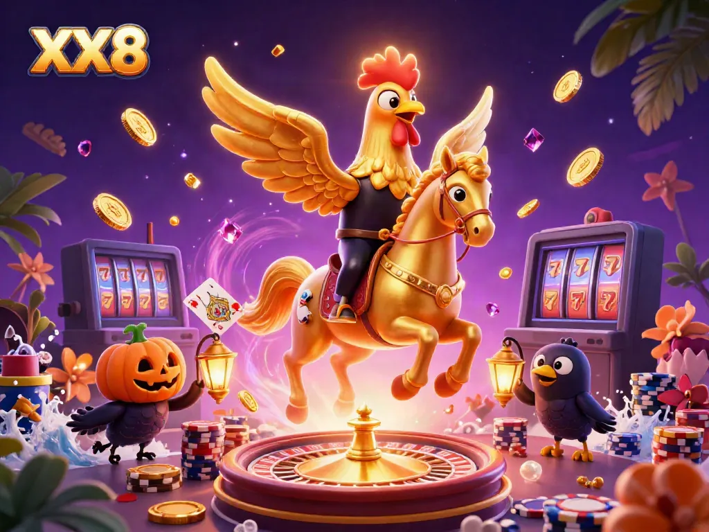 Play casino games at XX8 with exciting golden rooster characters amidst sparkling coins and gems.