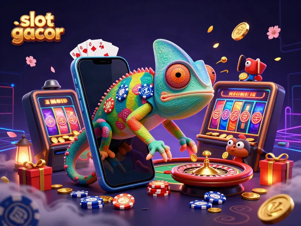 Engaging scene showcasing slot gacor chameleon casino owner interacting with diverse gaming elements.