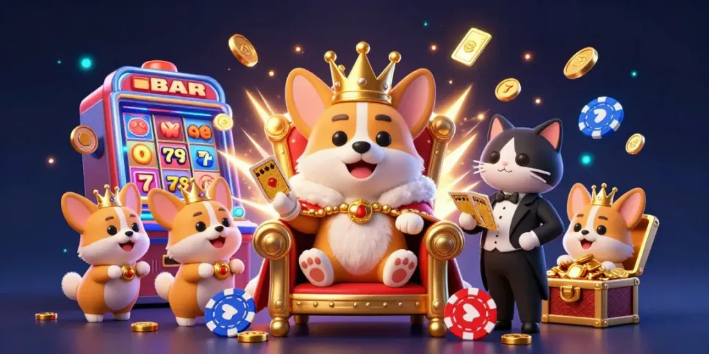 Experience thrilling casino excitement with 77rp in a vibrant 3D illustration of a royal corgi surrounded by jackpots.
