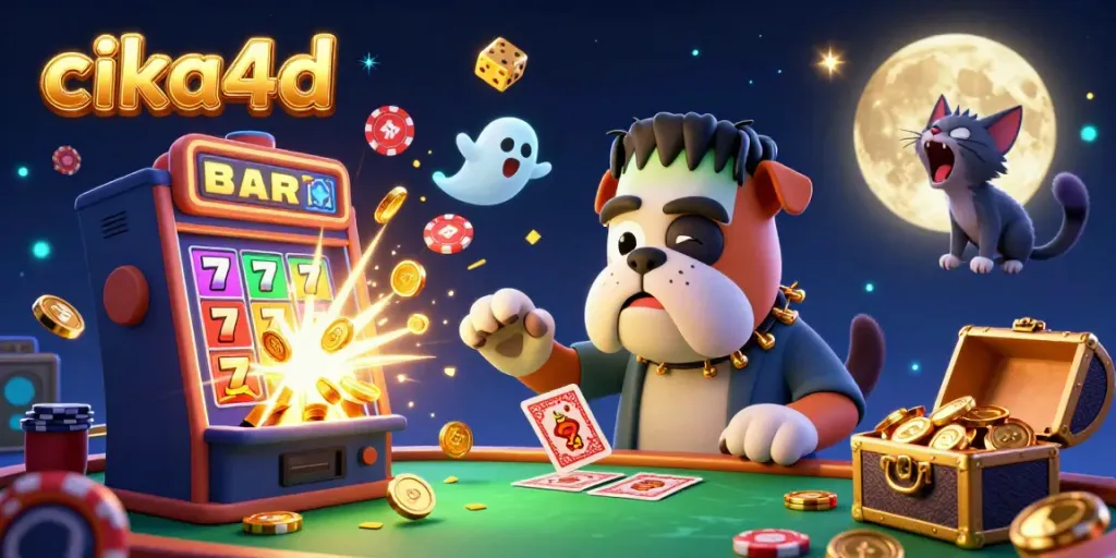 Cika4d features an energetic casino scene with a Frankenstein bulldog dealer and vibrant slot machine elements.