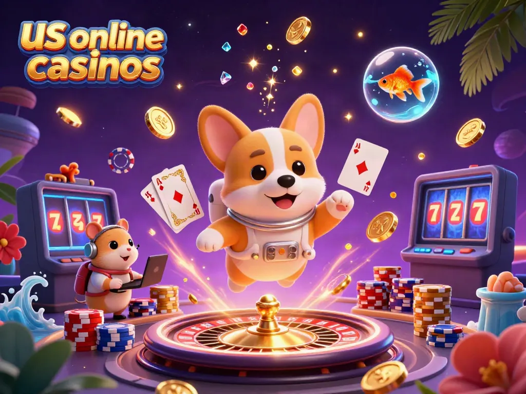 Engaging 3D scene of floating characters in us online casinos, featuring a space casino and vivid gaming elements.