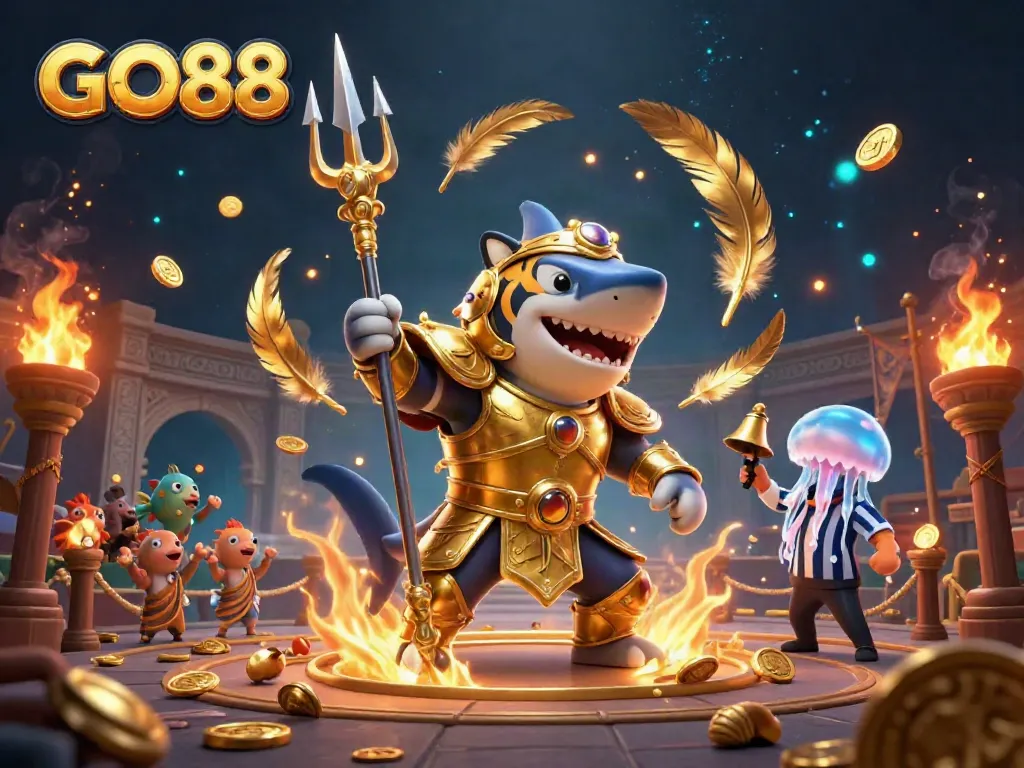 Experience thrilling gameplay at GO88 with a vivid underwater colosseum scene featuring a tiger shark in gladiator armor.