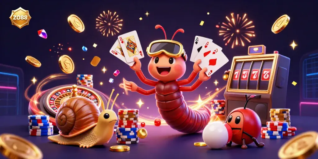 Experience thrilling gameplay with ZO88 featuring a vibrant scene of a millipede dealer and high-roller action.