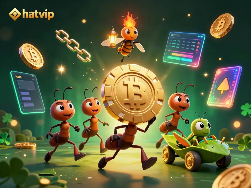 Engage in thrilling heists with nhatvip as ants steal a massive poker chip amidst vibrant cyber elements.