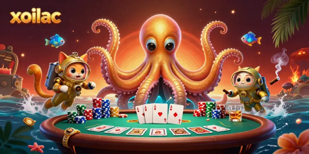 Experience thrilling poker action at xoilac with a kraken and diving cat in 3D.