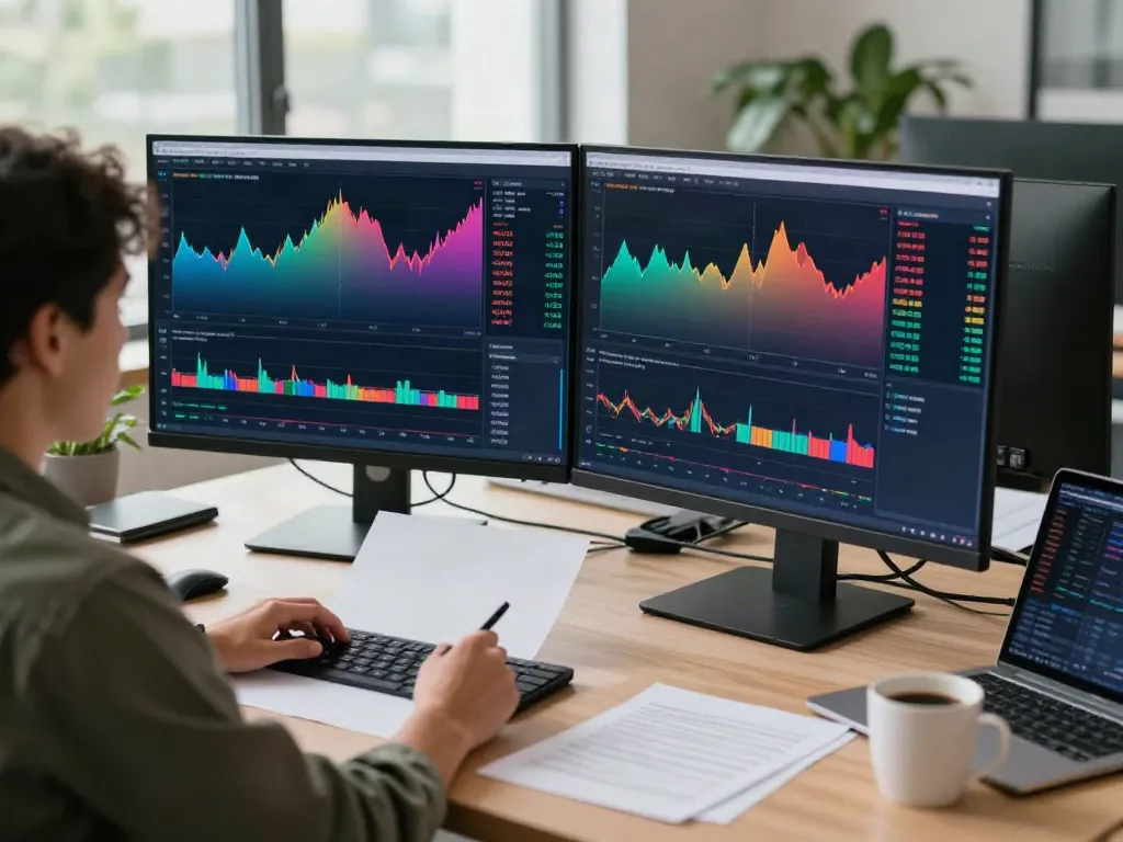 Trader using TradingView platform on dual screens for market analysis in a modern office.