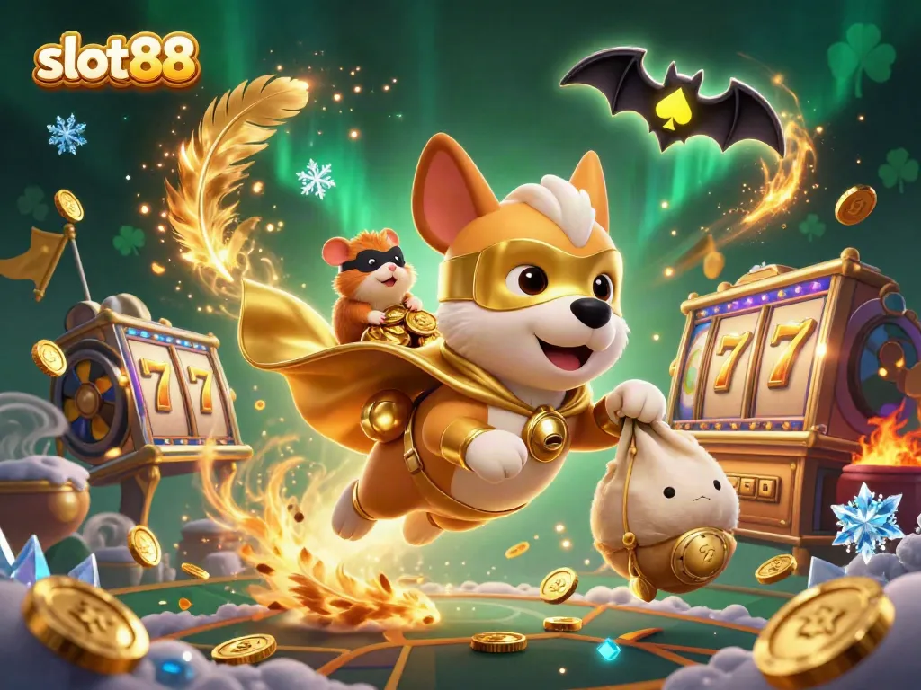 Join the excitement of slot88 with a flying superhero dog and hamster in a vibrant casino scene.
