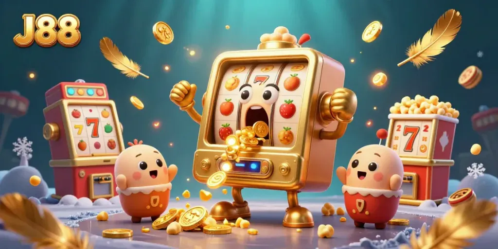 J88 slot machine hits the jackpot, coins flying, in a vibrant casino scene.