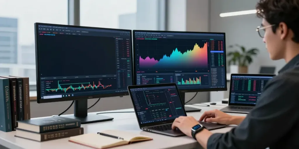 Trader using MetaTrader 5 in a modern workspace with dual screens.