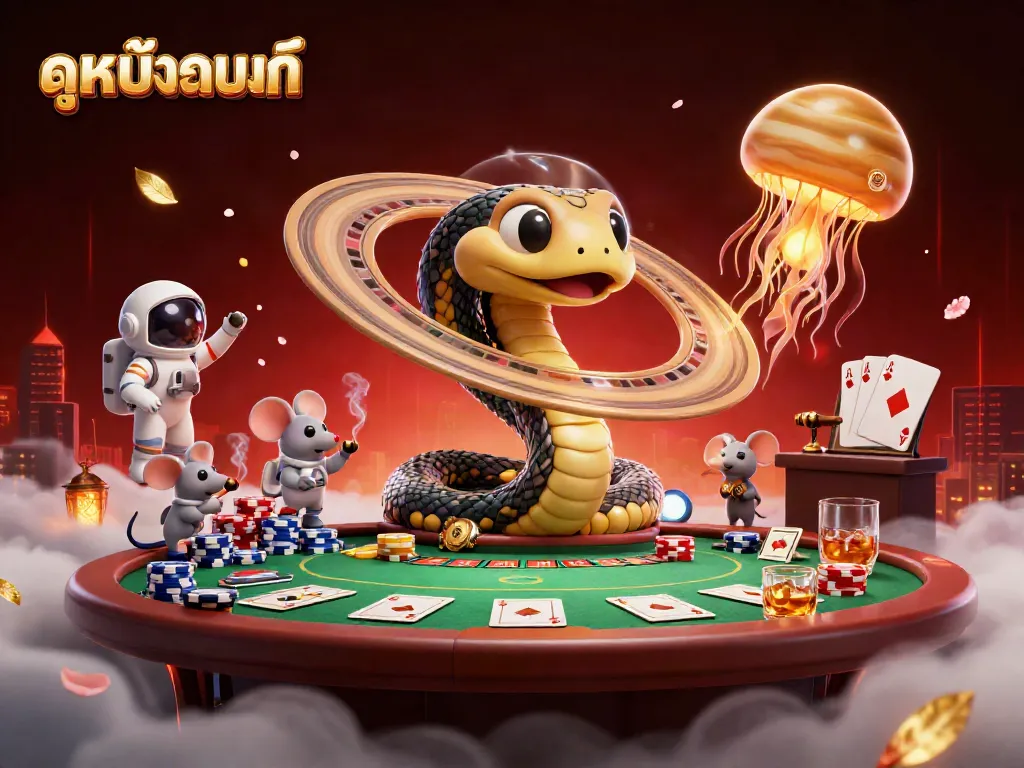 Place bets on ดูหนังออนไลน์ with a lively cosmic casino scene featuring a roulette wheel and animated characters.
