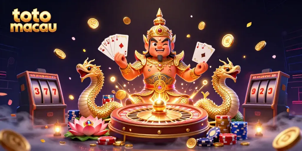 Menampilkan hasil toto macau dengan detail angka hasil dan ilustrasi emas menghiasi suasana lotere.