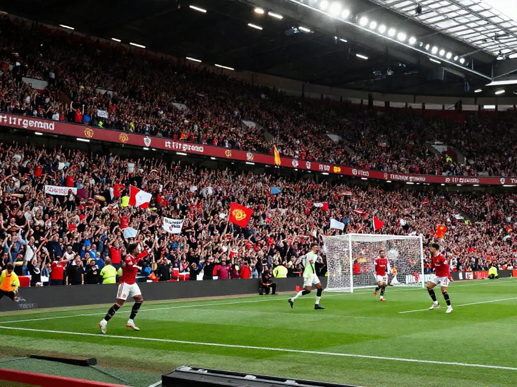 Intense moment from the Manchester United vs Liverpool match showcasing player action and passionate fans.