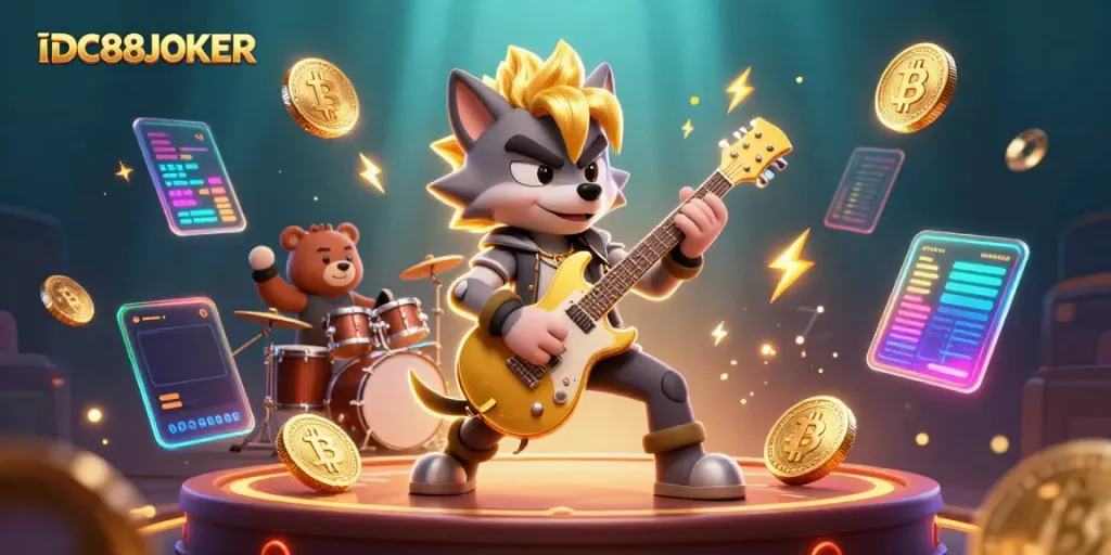 Experience the excitement of IDC88JOKER with a dynamic casino scene featuring a rock star wolf and crypto elements.