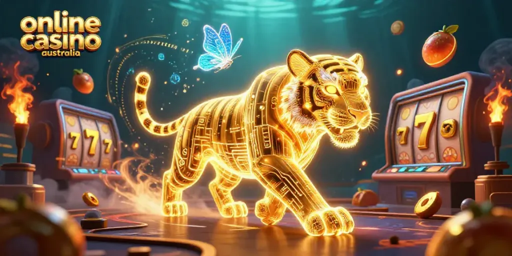 Experience the thrill of online casino Australia with a vibrant digital casino scene featuring a neon tiger and slot machines.
