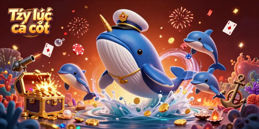Experience the thrill of Tỷ lệ cá cược with a whimsical 3D scene of gambling elements and sea creatures.