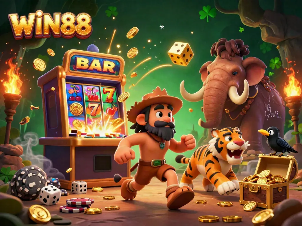 Experience thrilling gameplay with WIN88 at a vibrant prehistoric casino illustration featuring dynamic elements.