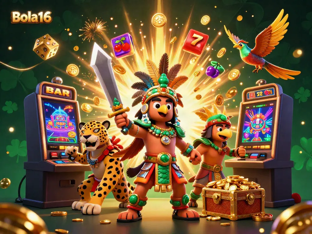 Bola16 players enjoy vibrant jackpots with thrilling slot machines and stunning visuals in this 3D casino scene.