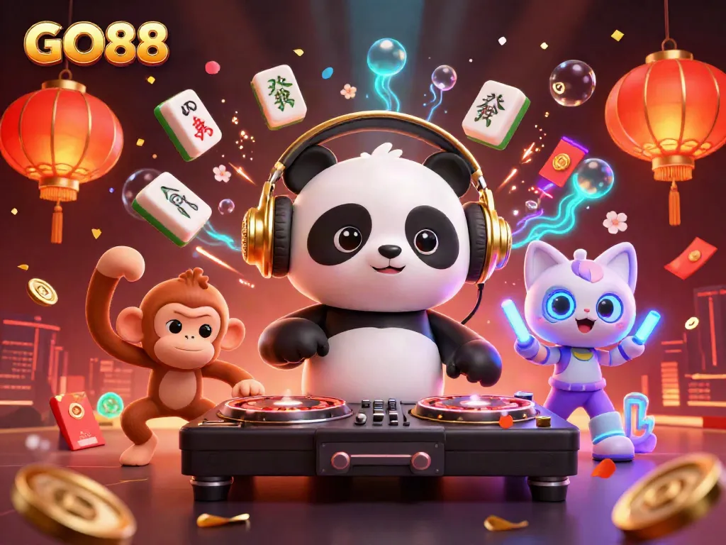 Experience thrilling gaming at GO88 with a vibrant 3D illustration featuring DJ panda and lively characters.