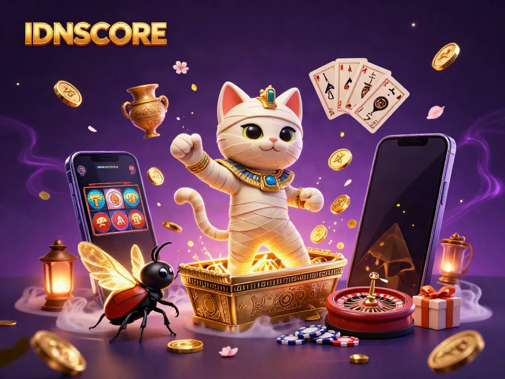 Experience the excitement of IDNSCORE with a dynamic illustration featuring a mummy cat and casino elements.