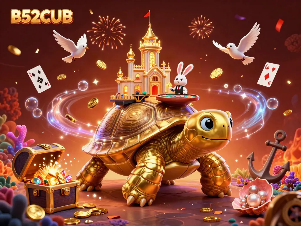 B52CLUB showcases a vibrant casino scene with a golden tortoise, a rabbit dealer, and flying coins.