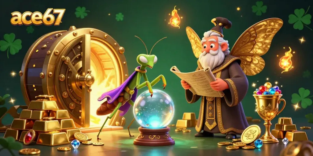 Engage with ace67's casino experience featuring mystical fortune tellers and treasure elements in vibrant colors.