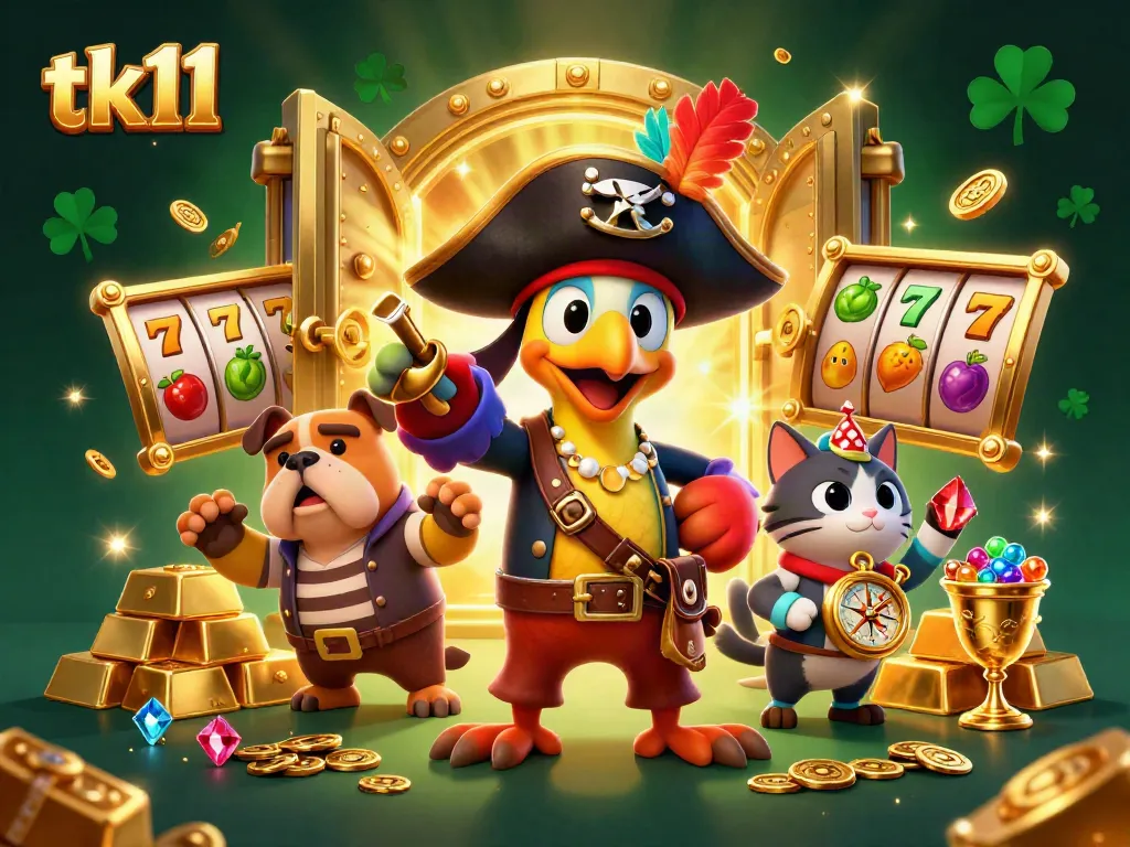 Spin to win with tk11 in a lively casino adventure featuring pirate-themed characters and slot elements.