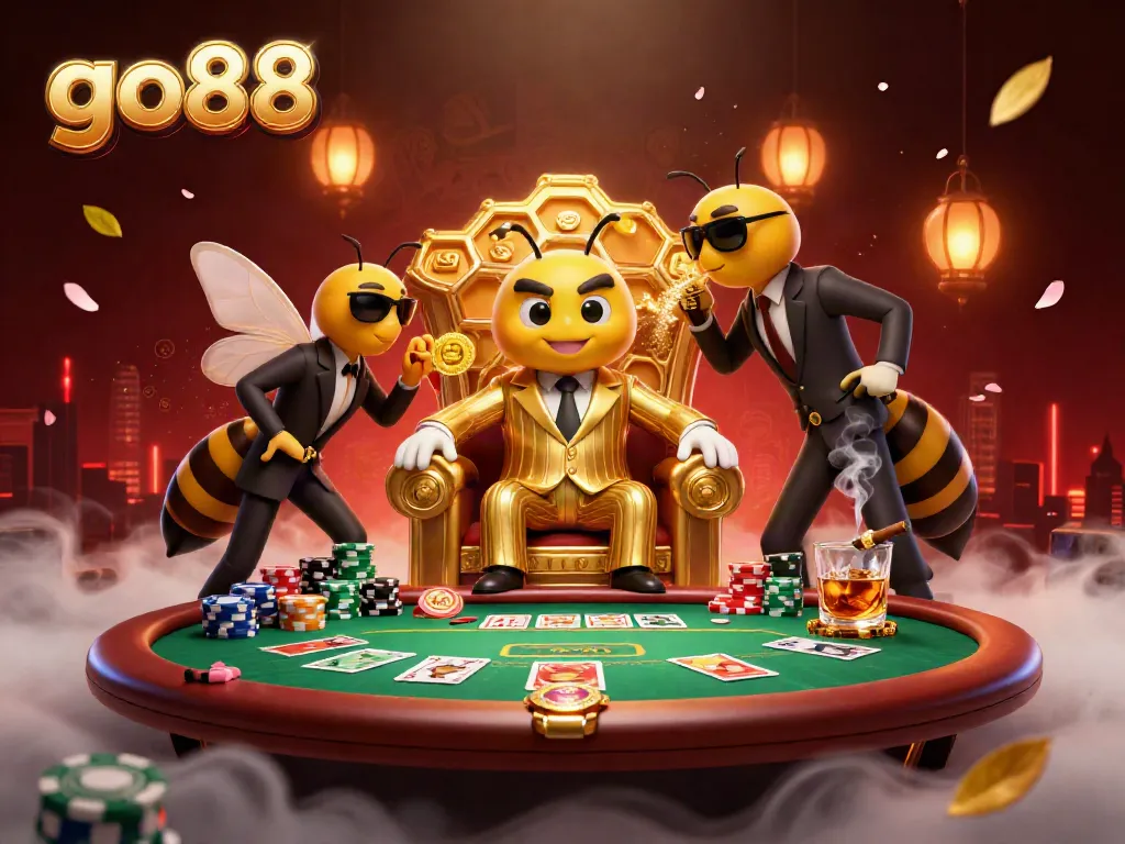 Join the bumblebee mob boss at the go88 poker table adorned with vibrant chips and dramatic cards in this dynamic gaming scene.