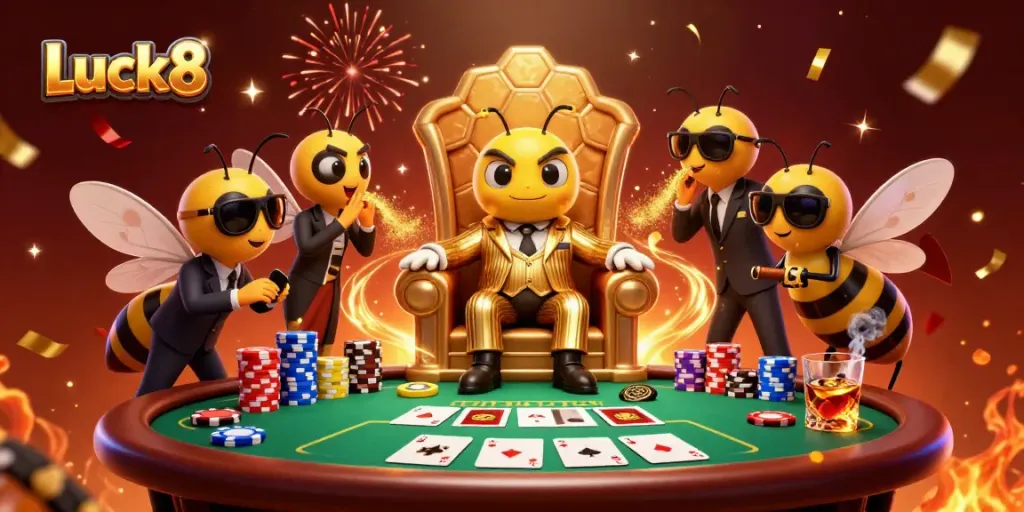 Experience the vibrant Luck8 casino scene with a bumblebee mob boss and poker elements.