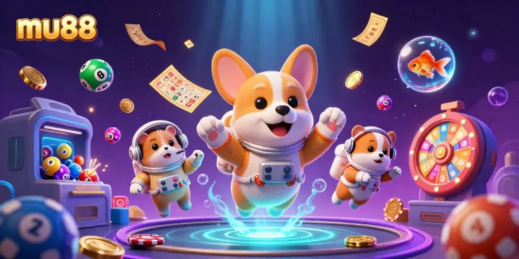 Engage with mu88's vibrant casino environment featuring a playful astronaut corgi in space.