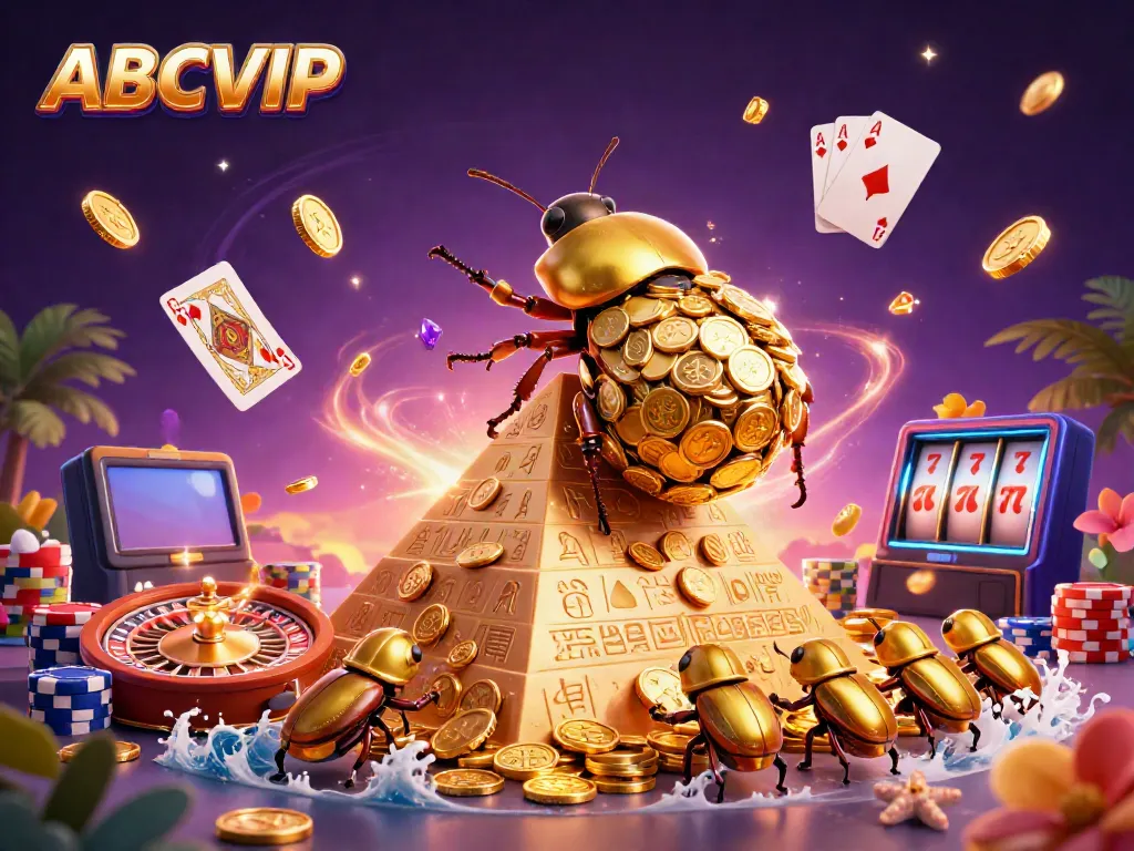 ABCVIP showcases a lively casino scene with a golden beetle rolling coins, dynamic game elements, and a vibrant atmosphere.
