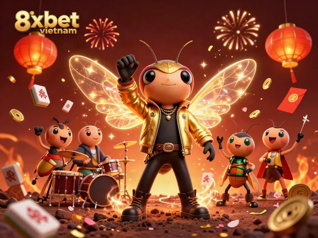 Experience vibrant gaming action with 8xbet Vietnam featuring a rock star, drummer, and festive elements.