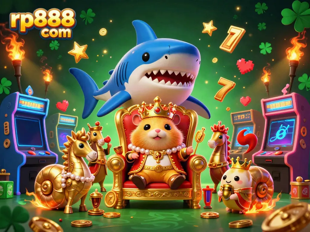 Experience thrilling jackpots with rp888 com's vibrant 3D casino scene featuring a golden hamster king.