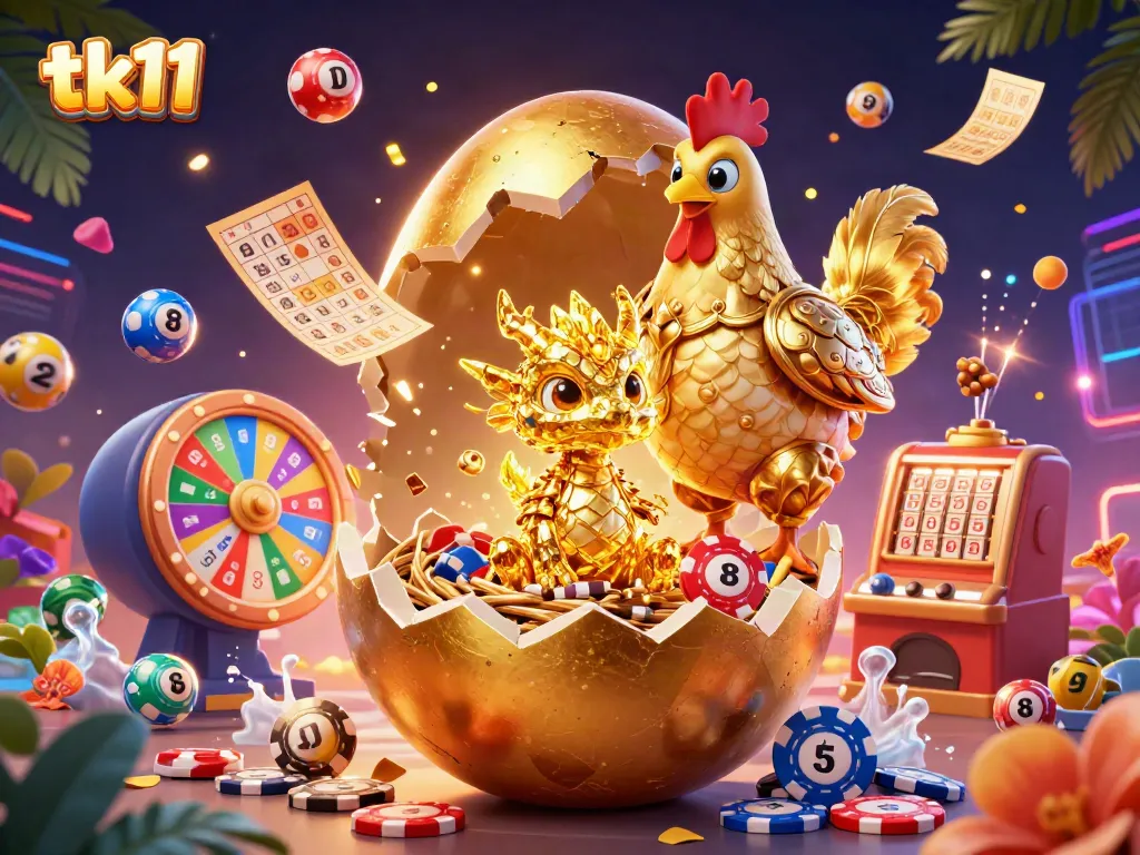 Engage with the magical tk11 casino world showcasing a golden dragon surrounded by vibrant lottery elements.