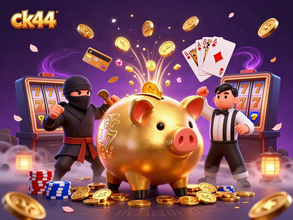 Experience thrilling gameplay with ck44 featuring a massive golden piggy bank sumo wrestler amidst cascading coins and vibrant slot machines.
