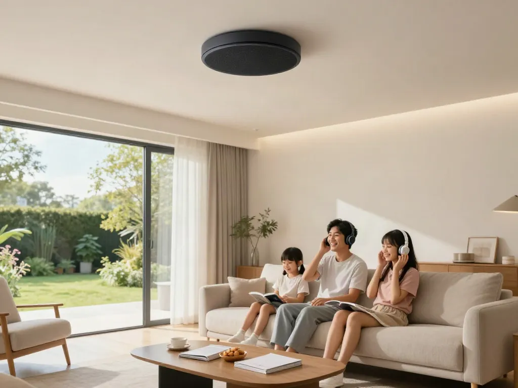 Elegant living room with a sleek اسپیکر سقفی blending into the ceiling, family enjoying music.
