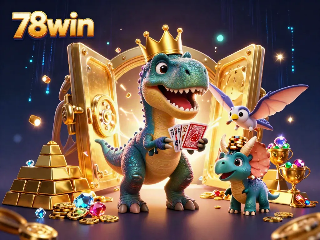 Engage in thrilling gameplay at 78win with a cartoon T-Rex shuffling cards in a vibrant casino.