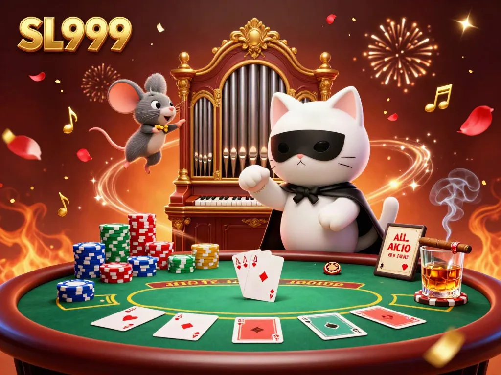 Engage with the thrilling atmosphere of SL999, featuring a charming casino scene with the phantom cat and acrobat.