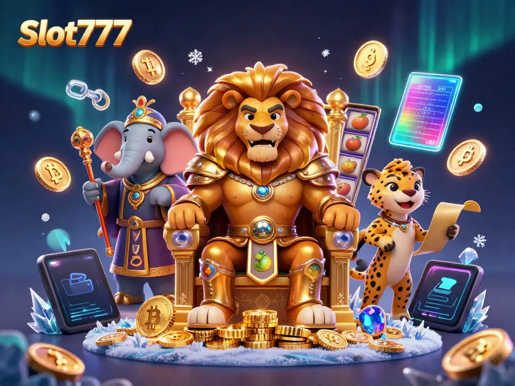 Engage with Slot777's vibrant casino scene featuring lucky symbols, a lion king, and crypto elements.