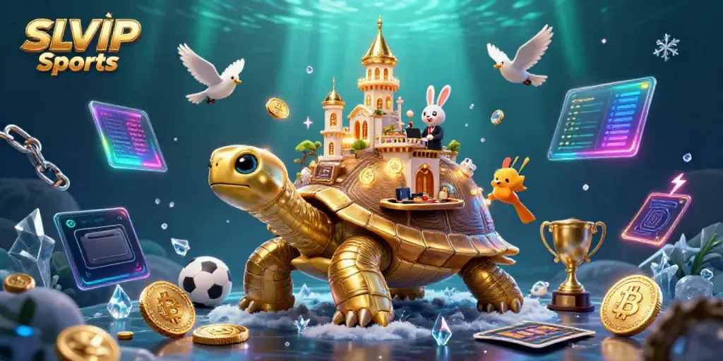 Experience SLVIP Sports with a vibrant scene of a golden tortoise casino, rabbit dealer, and flying coins.
