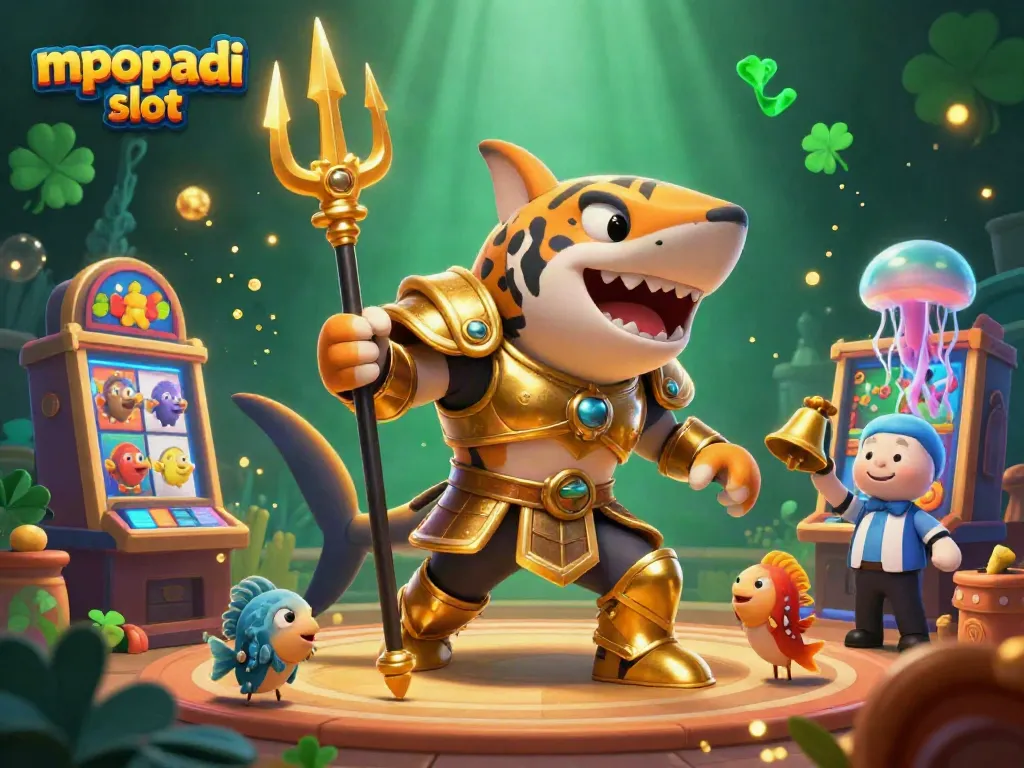 Play exciting games at mpopadi slot with a vibrant underwater colosseum scene featuring a fierce tiger shark.