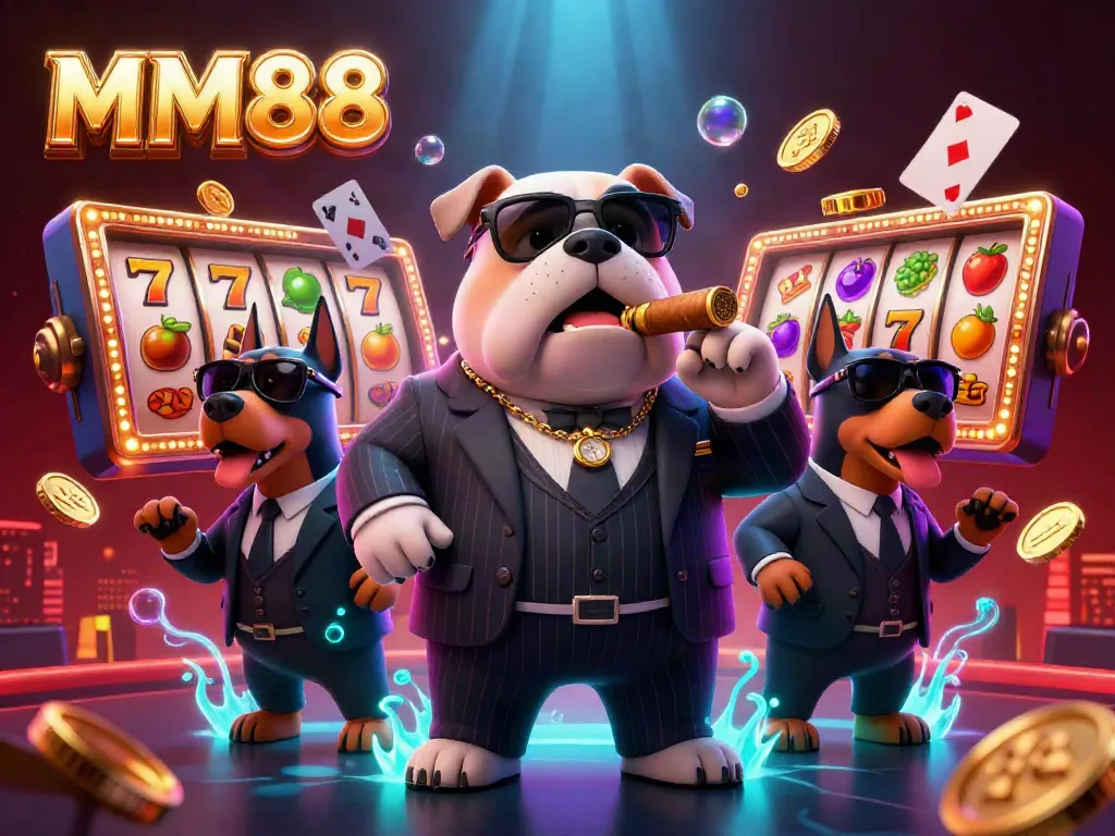 Play slots and win big with MM88 in this vibrant casino scene featuring classic elements.