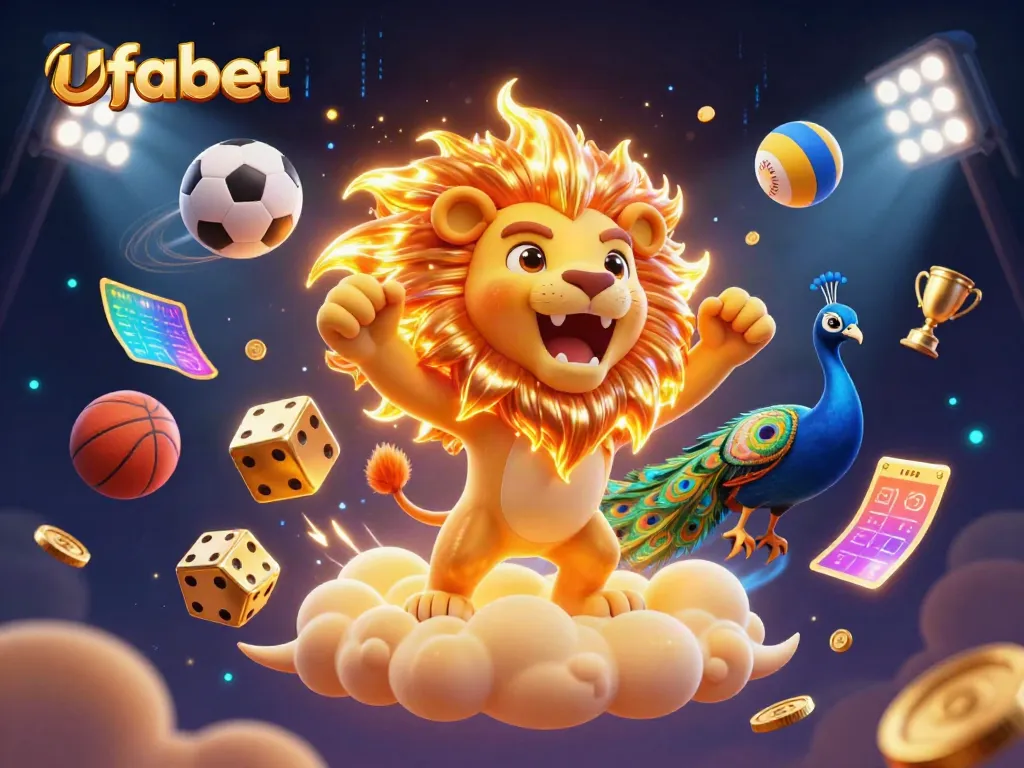 ภาพการ์ตูน 3 มิติของ ufabet ที่มีสิงโตพระอาทิตย์คอยรอเกมพนันต่างๆ