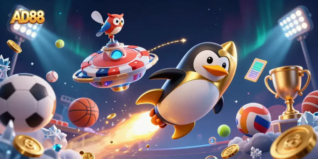 Experience AD88's thrilling space casino adventure with a penguin astronaut leading the way amidst golden coins and sports elements.